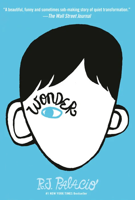 R.J. Palacioの小説『Wonder』の表紙。水色の背景に、片目だけが描かれた少年の顔のイラスト