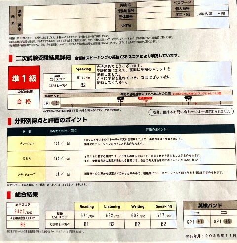 小学生が英検準1級2次試験でほぼ満点を記録した結果の画像｜スピーキング対面式英語面接の各項目得点率も掲載